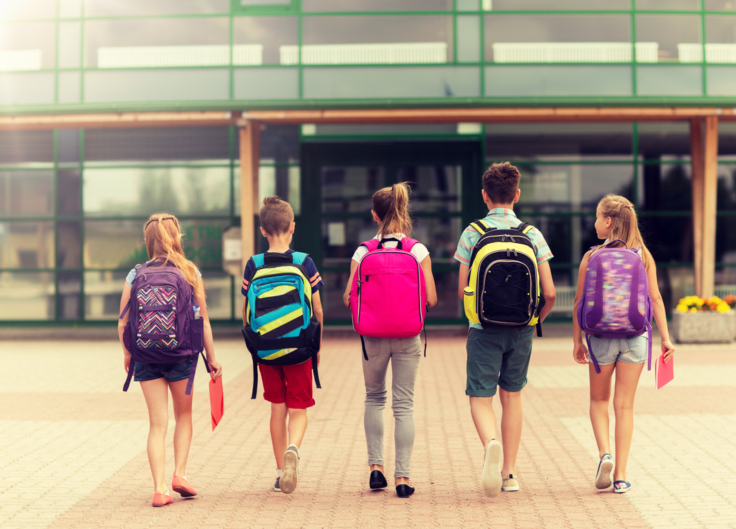 Group of Kids Wearing Backpack Walking to School